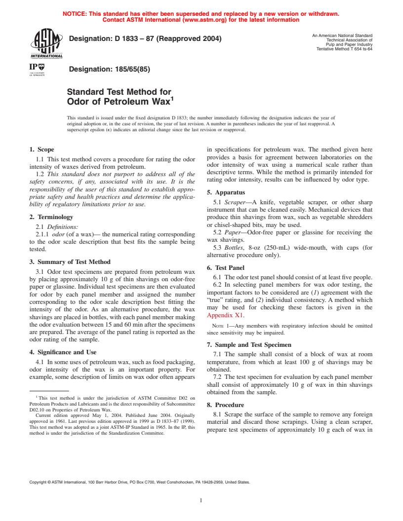 ASTM D1833-87(2004) - Standard Test Method for Odor of Petroleum Wax