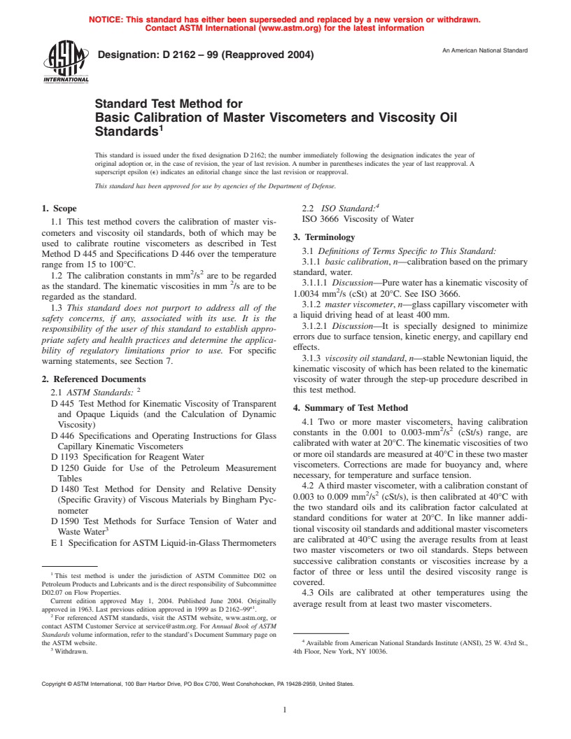 ASTM D2162-99(2004) - Standard Test Method for Basic Calibration of Master Viscometers and Viscosity Oil Standards