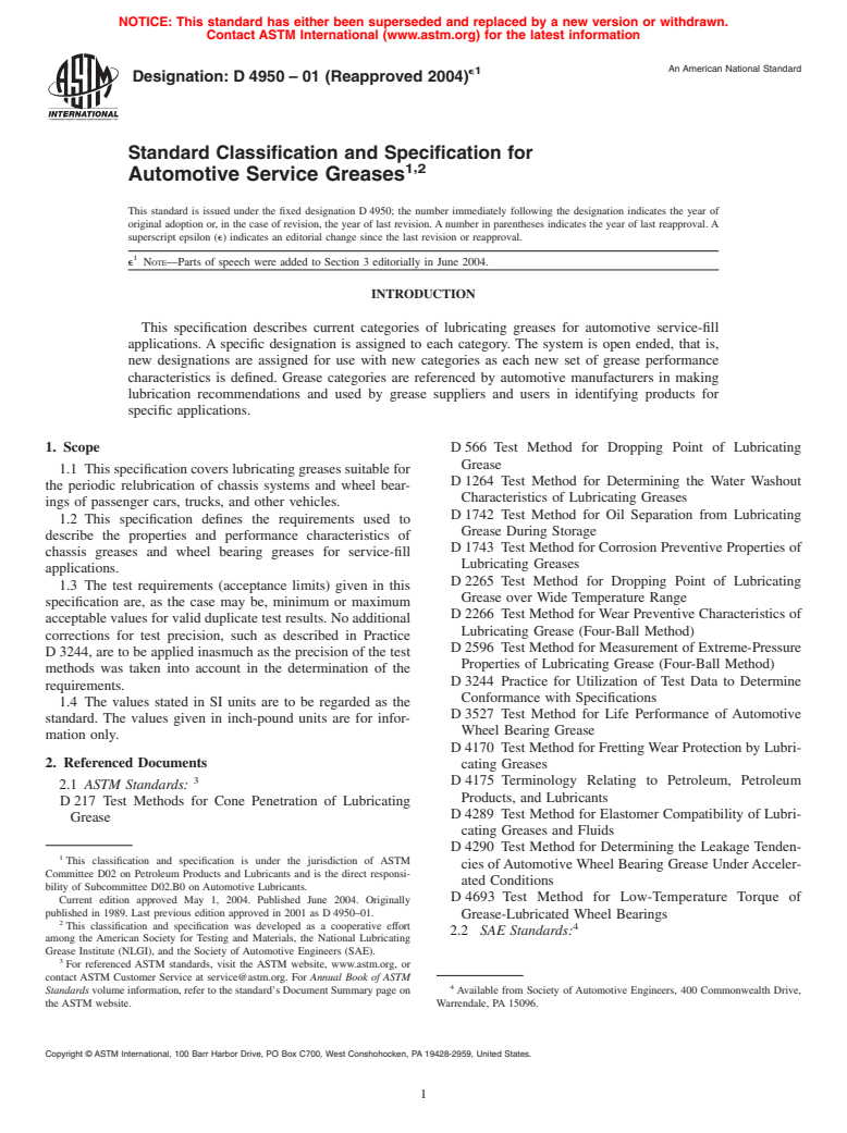 ASTM D4950-01(2004)e1 - Standard Classification and Specification of Automotive Service Greases