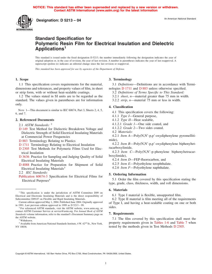 ASTM D5213-04 - Standard Specification for Polymeric Resin Film for Electrical Insulation and Dielectric Applications