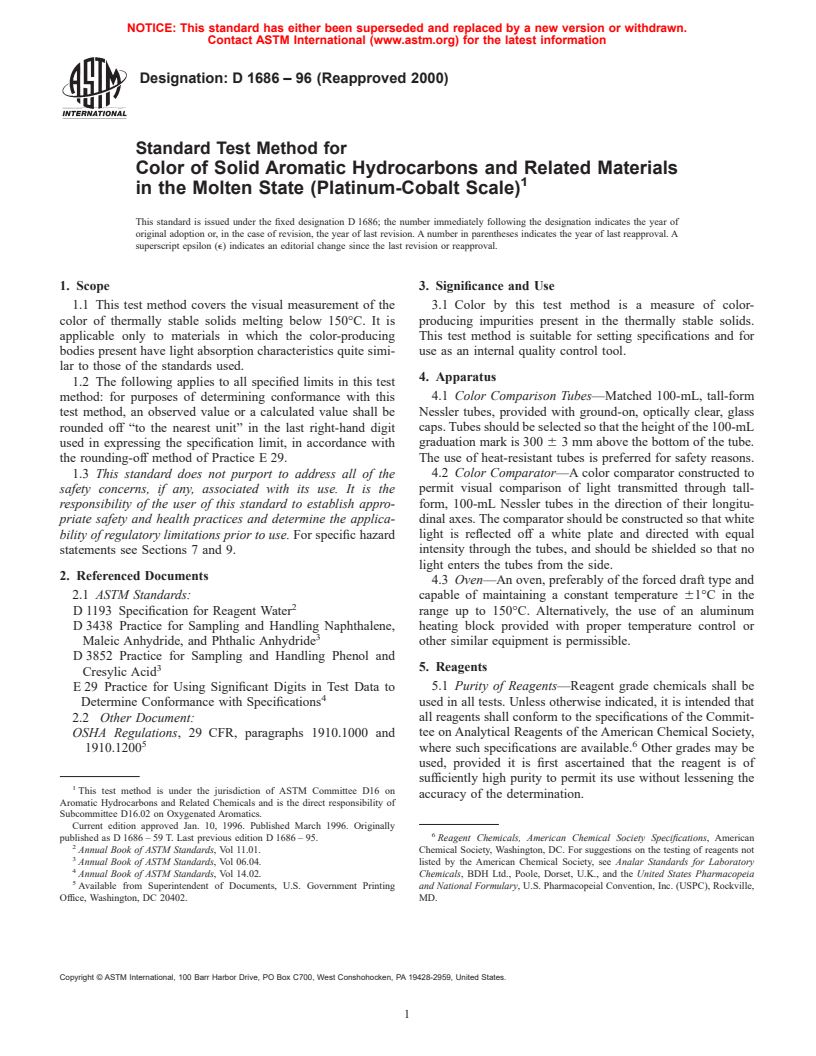 ASTM D1686-96(2000) - Standard Test Method for Color of Solid Aromatic Hydrocarbons and Related Materials in the Molten State (Platinum-Cobalt Scale)