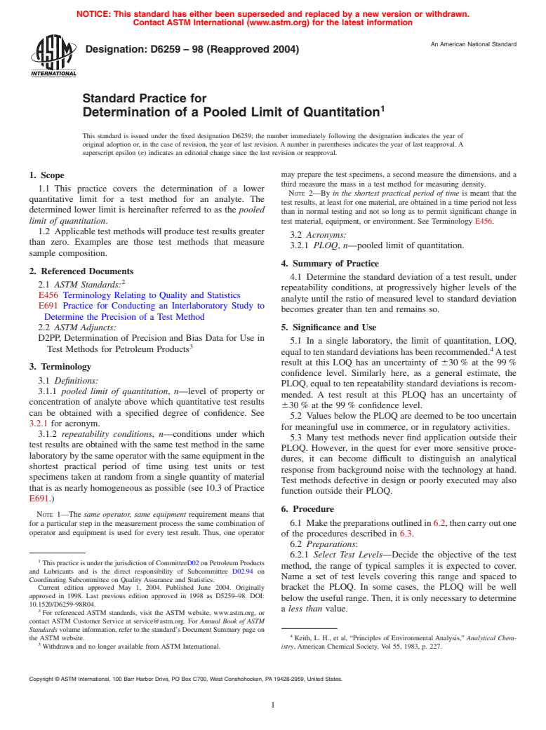 ASTM D6259-98(2004) - Standard Practice for Determination of a Pooled Limit of Quantitation