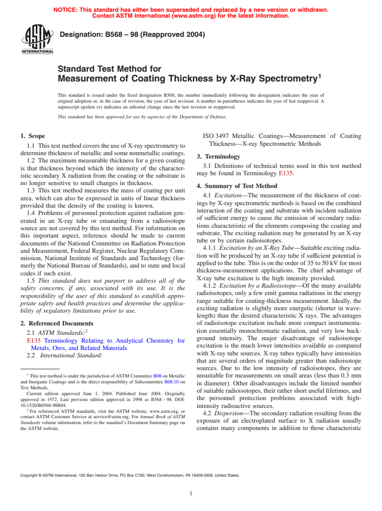 ASTM B568-98(2004) - Standard Test Method for Measurement of Coating Thickness by X-Ray Spectrometry