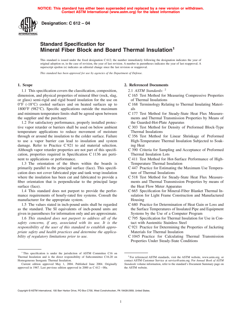 ASTM C612-04 - Standard Specification for Mineral Fiber Block and Board Thermal Insulation