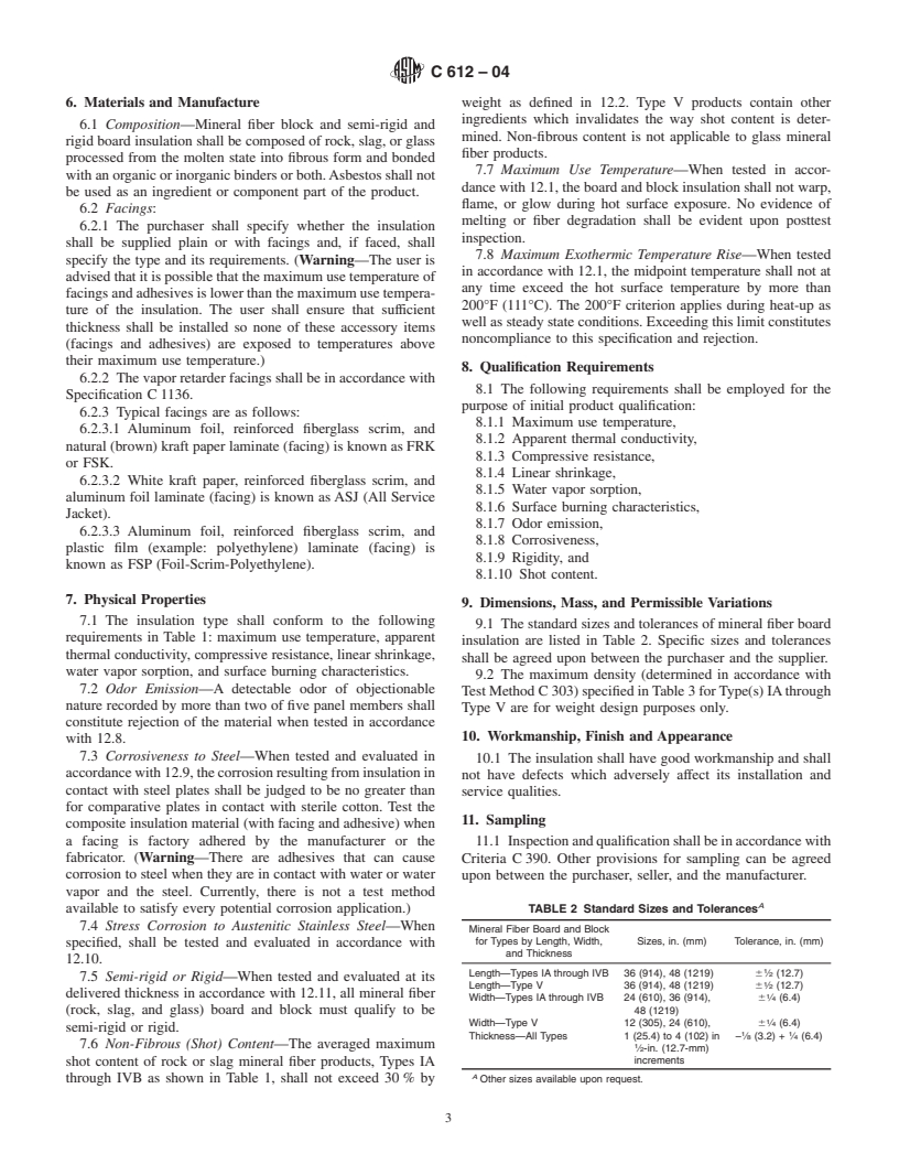 ASTM C612-04 - Standard Specification for Mineral Fiber Block and Board Thermal Insulation