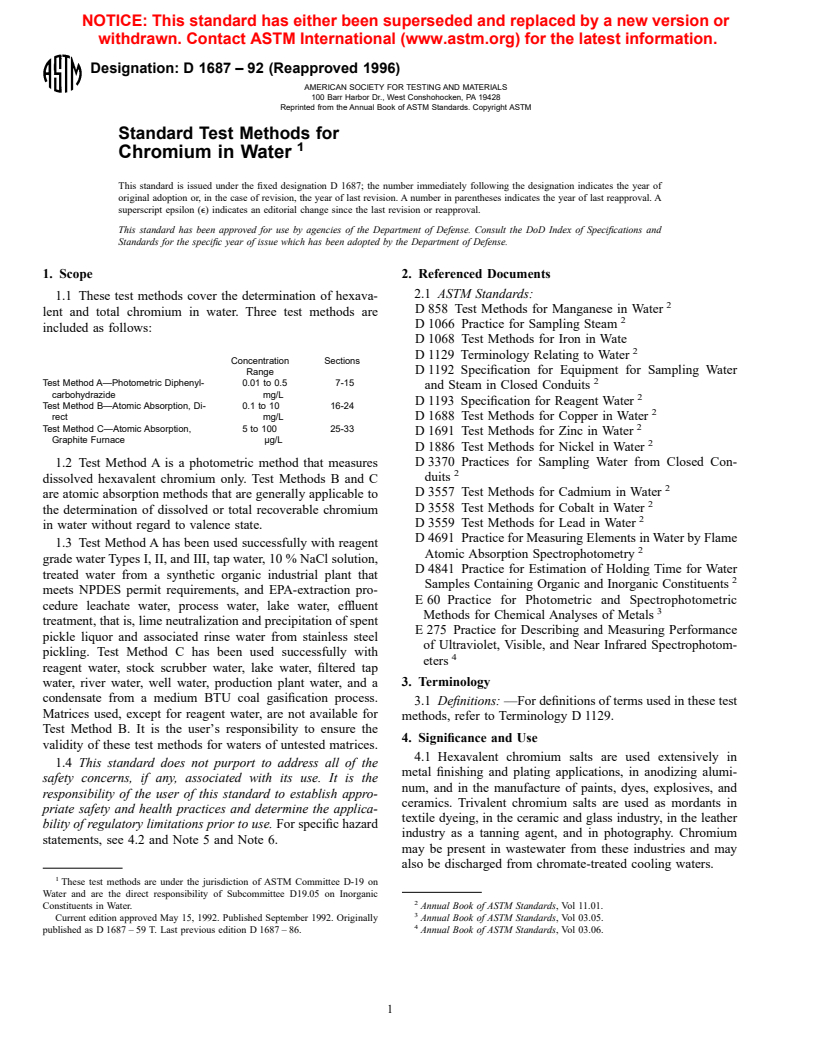 ASTM D1687-92(1996) - Standard Test Methods for Chromium in Water