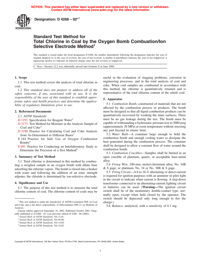 ASTM D4208-02e1 - Standard Test Method for Total Chlorine in Coal by the Oxygen Bomb Combustion/Ion Selective Electrode Method