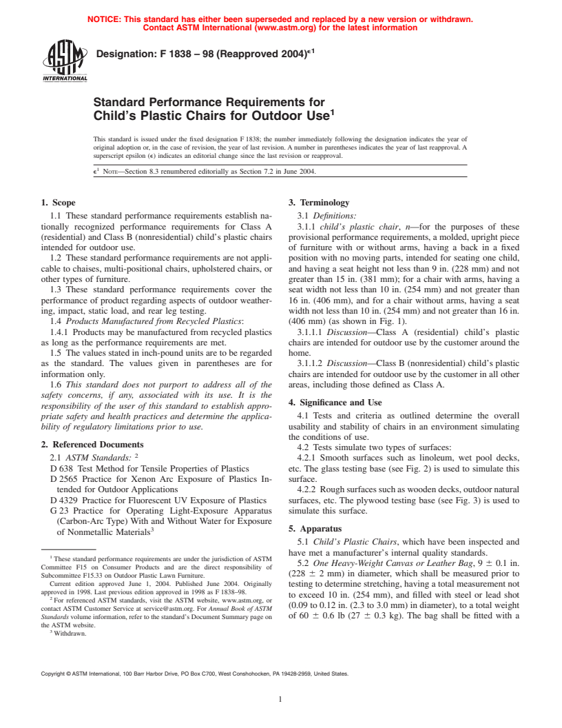 ASTM F1838-98(2004)e1 - Standard Performance Requirements for Child's Plastic Chairs for Outdoor Use