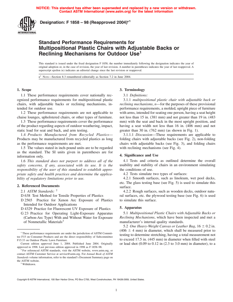 ASTM F1858-98(2004)e1 - Standard Performance Requirements for Multipositional Plastic Chairs with Adjustable Backs or Reclining Mechanisms for Outdoor Use