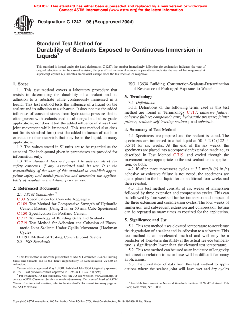 ASTM C1247-98(2004) - Standard Test Method for Durability of Sealants Exposed to Continuous Immersion in Liquids