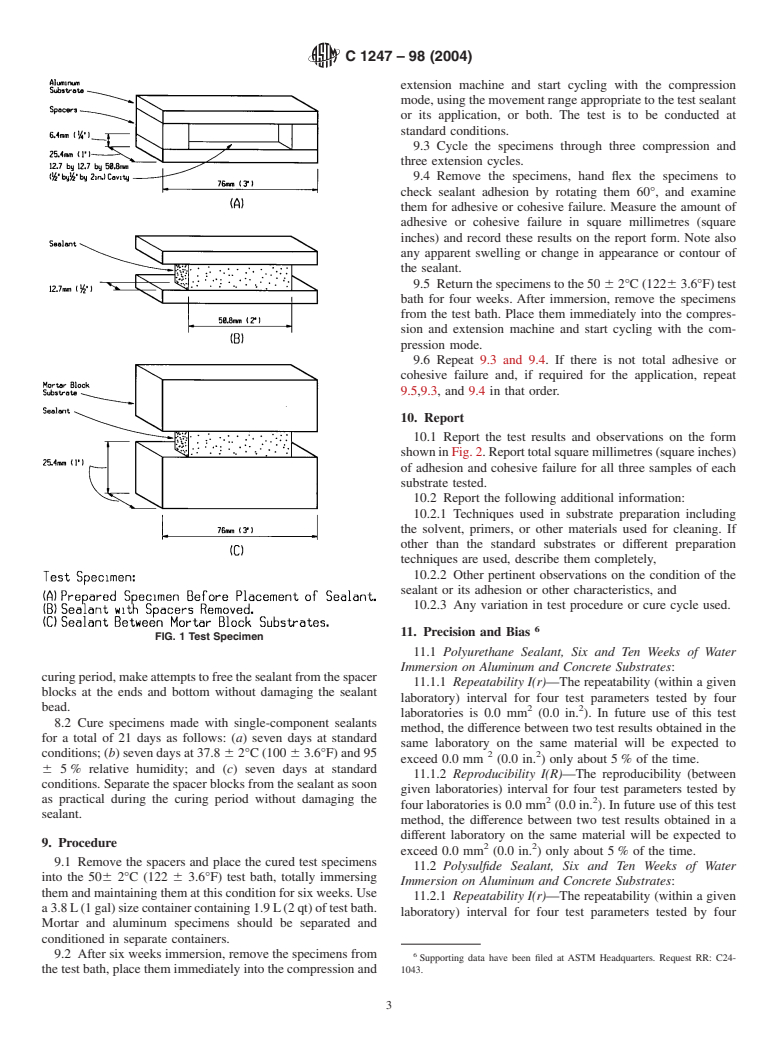 ASTM C1247-98(2004) - Standard Test Method for Durability of Sealants Exposed to Continuous Immersion in Liquids