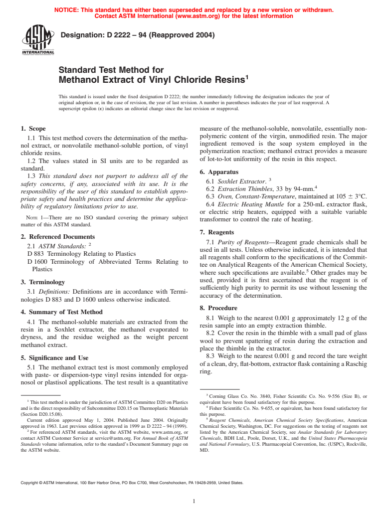 ASTM D2222-94(2004) - Standard Test Method for Methanol Extract of Vinyl Chloride Resins