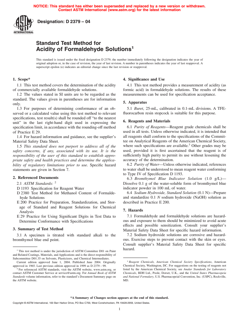 ASTM D2379-04 - Standard Test Method for Acidity of Formaldehyde Solutions