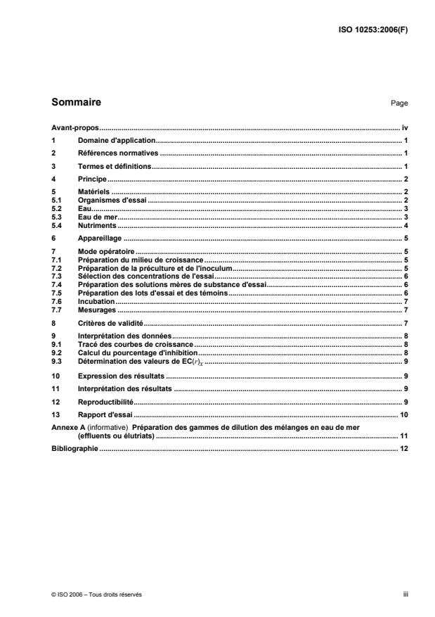 ISO 10253:2006 - Qualité de l'eau -- Essai d'inhibition de la croissance des algues marines avec Skeletonema costatum et Phaeodactylum tricornutum