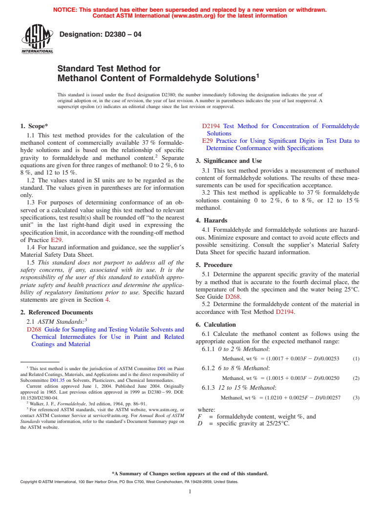 ASTM D2380-04 - Standard Test Method for Methanol Content of Formaldehyde Solutions