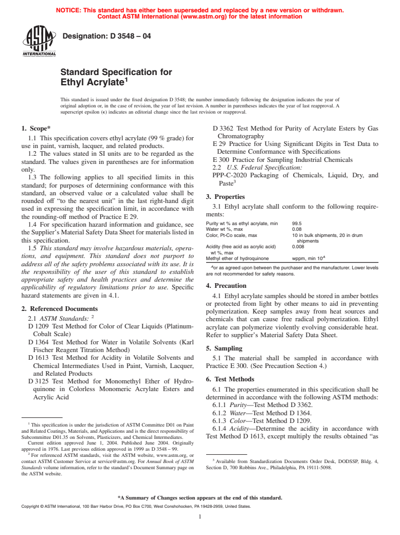 ASTM D3548-04 - Standard Specification for Ethyl Acrylate