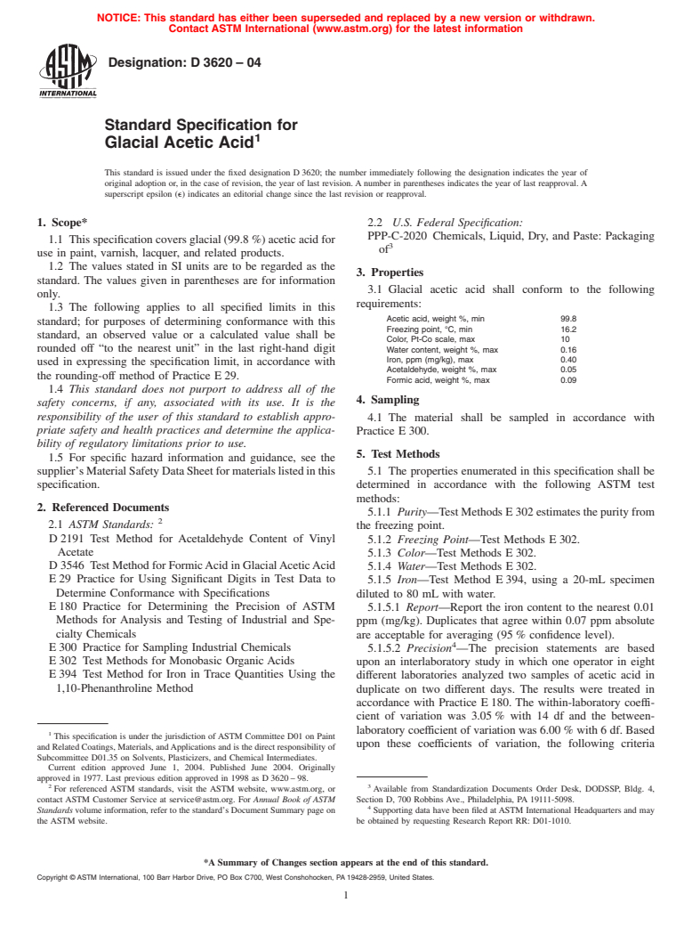 ASTM D3620-04 - Standard Specification for Glacial Acetic Acid