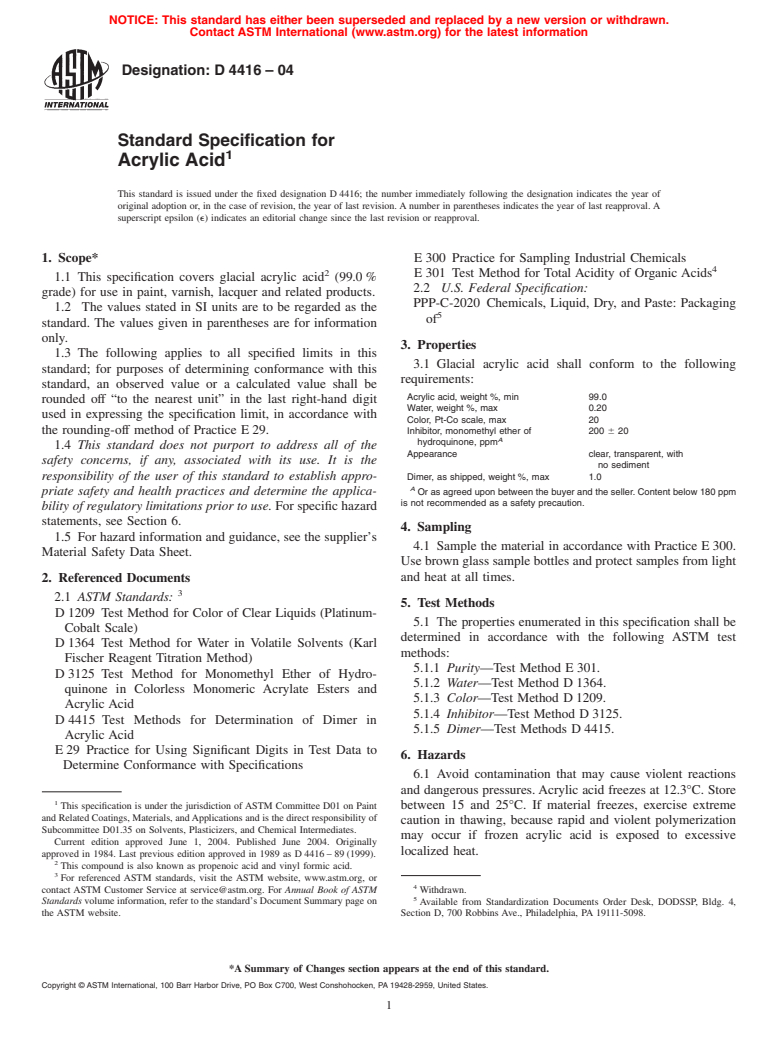 ASTM D4416-04 - Standard Specification for Acrylic Acid