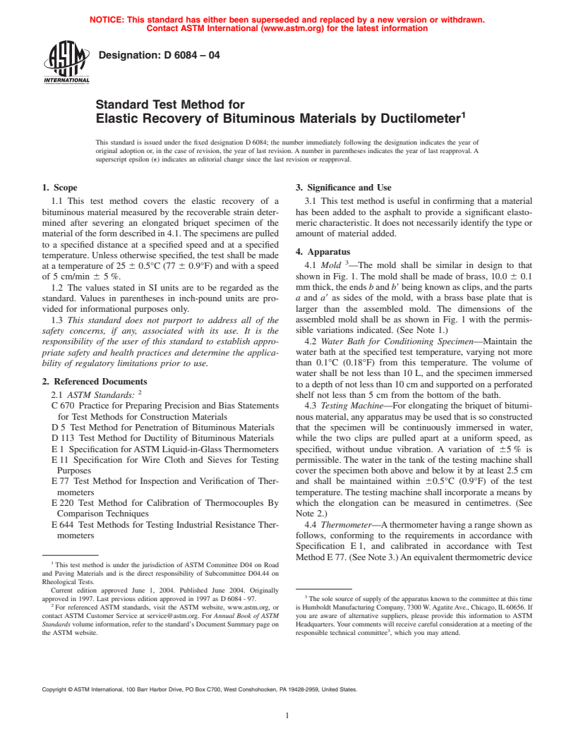 ASTM D6084-04 - Standard Test Method for Elastic Recovery of Bituminuous Materials by Ductilometer