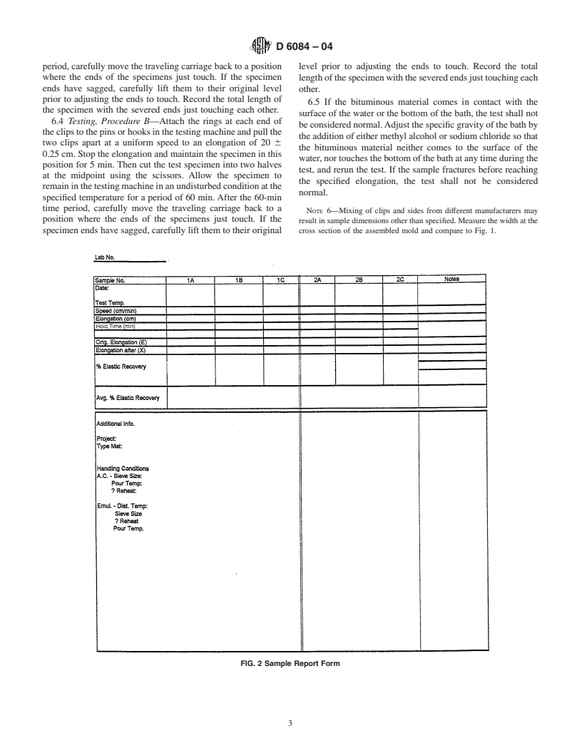 ASTM D6084-04 - Standard Test Method for Elastic Recovery of Bituminuous Materials by Ductilometer