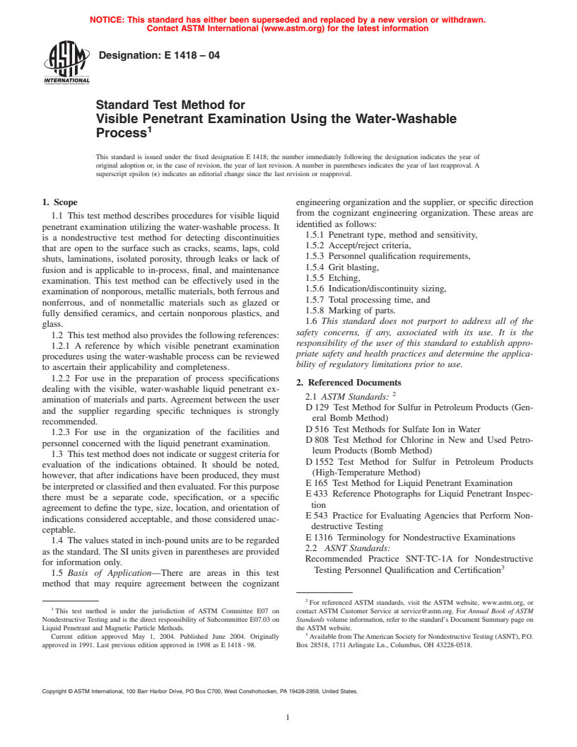 ASTM E1418-04 - Standard Test Method for Visible Penetrant Examination Using the Water-Washable Process