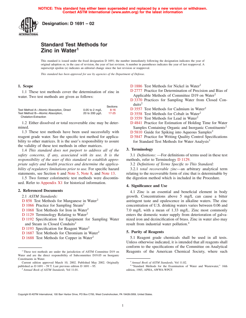 ASTM D1691-02 - Standard Test Methods for Zinc in Water