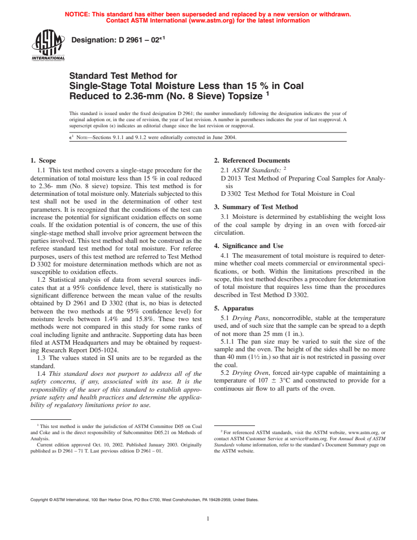 ASTM D2961-02e1 - Standard Test Method for Single-Stage Total Moisture Less than 15% in Coal Reduced to 2.36-mm (No. 8 Sieve) Topsize