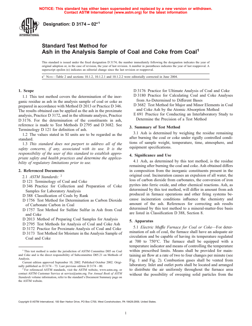 ASTM D3174-02e1 - Standard Test Method for Ash in the Analysis Sample of Coal and Coke from Coal