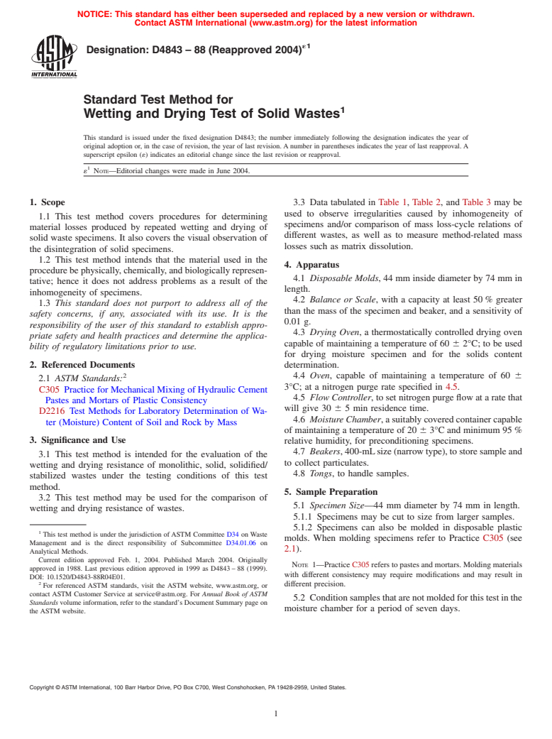 ASTM D4843-88(2004)e1 - Standard Test Method for Wetting and Drying Test of Solid Wastes