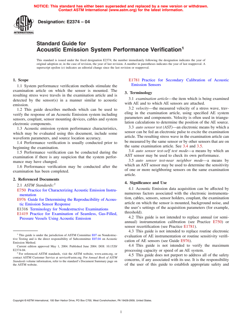 ASTM E2374-04 - Standard Guide for Acoustic Emission System Performance Verification