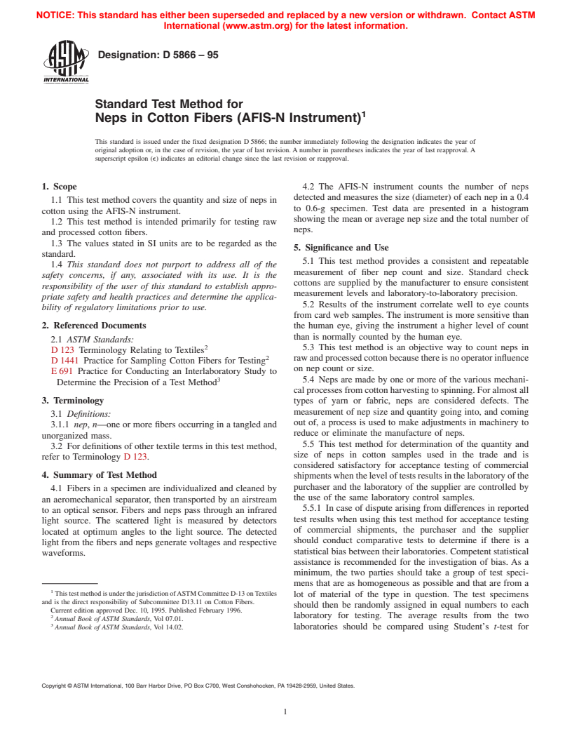 ASTM D5866-95 - Standard Test Method for Neps in Cotton Fibers (AFIS-N Instrument)