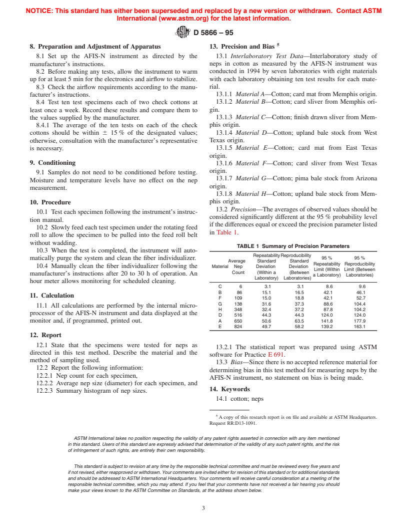 ASTM D5866-95 - Standard Test Method for Neps in Cotton Fibers (AFIS-N Instrument)