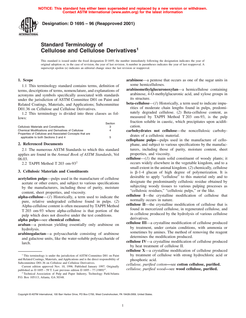 ASTM D1695-96(2001) - Standard Terminology of Cellulose and Cellulose Derivatives