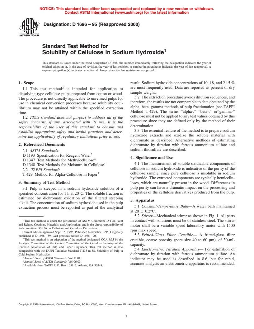 ASTM D1696-95(2000) - Standard Test Method for Solubility of Cellulose in Sodium Hydroxide