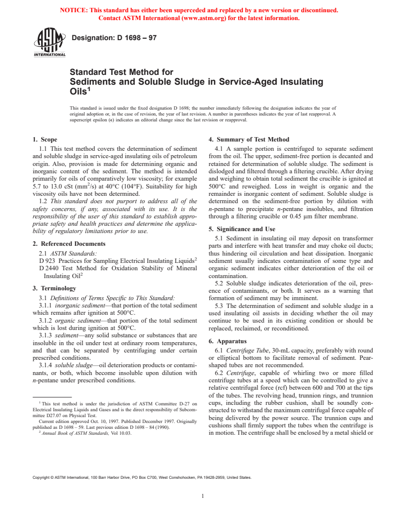 ASTM D1698-97 - Standard Test Method for Sediments and Soluble Sludge in Service-Aged Insulating Oils