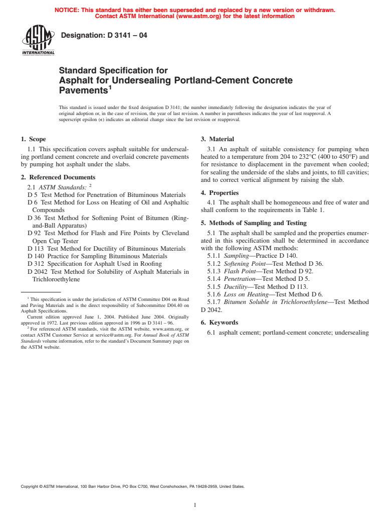 ASTM D3141-04 - Standard Specification for Asphalt for Undersealing Portland-Cement Concrete Pavements