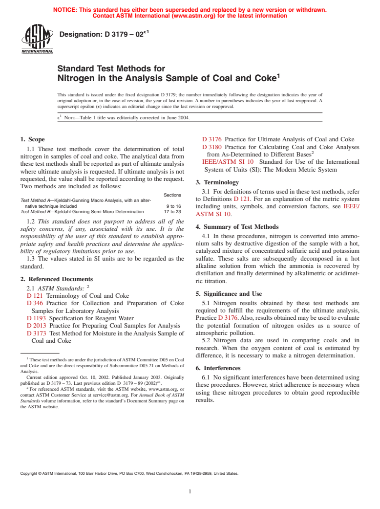 ASTM D3179-02e1 - Standard Test Methods for Nitrogen in the Analysis Sample of Coal and Coke (Withdrawn 2008)