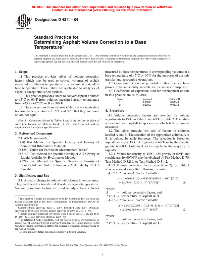 ASTM D4311-04 - Standard Practice for Determining Asphalt Volume Correction to a Base Temperature