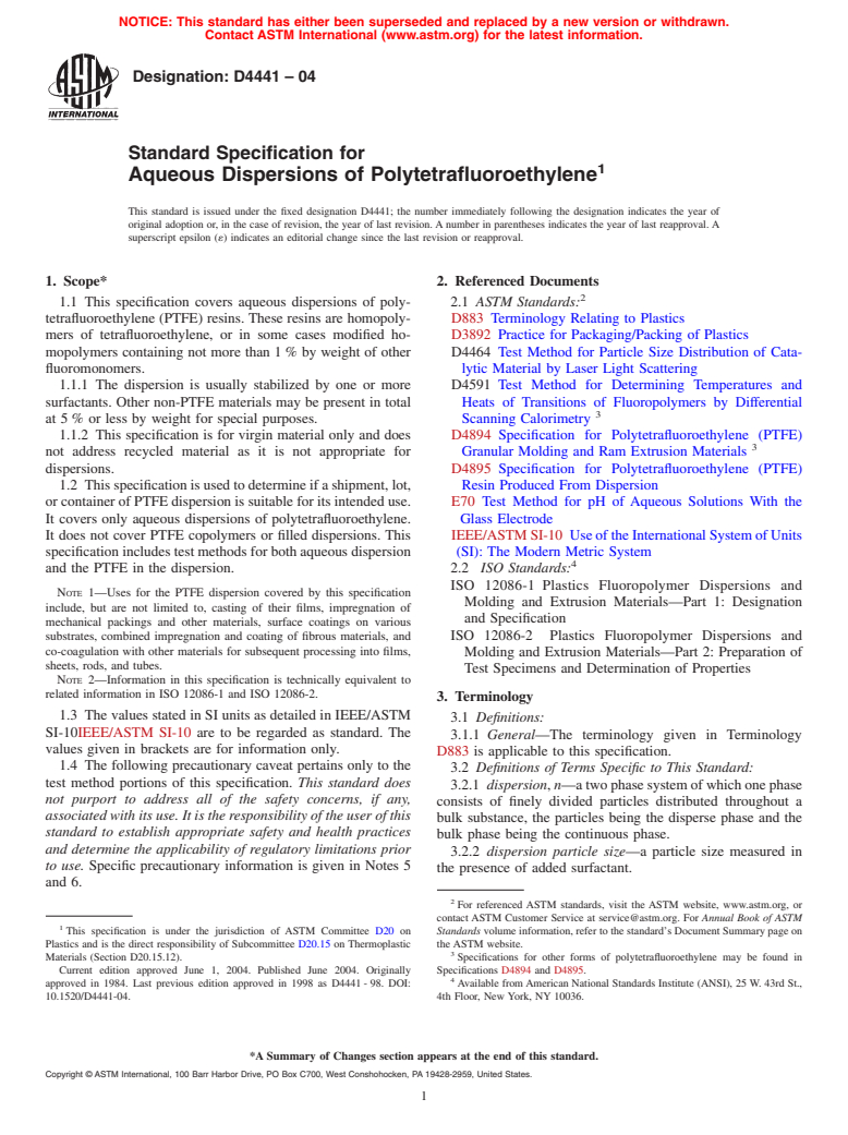 ASTM D4441-04 - Standard Specification for Aqueous Dispersions of Polytetrafluoroethylene