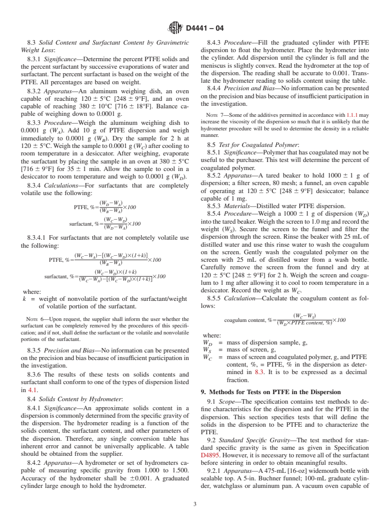 ASTM D4441-04 - Standard Specification for Aqueous Dispersions of Polytetrafluoroethylene