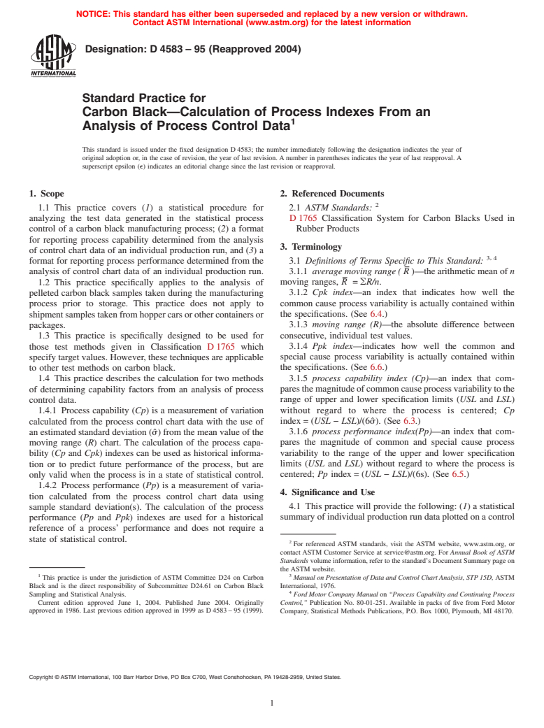 ASTM D4583-95(2004) - Standard Practice for Carbon Black&#8212;Calculation of Process Indexes From an Analysis of Process Control Data