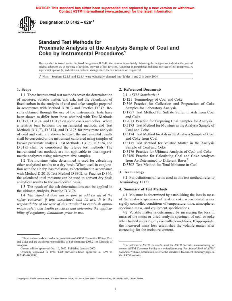 ASTM D5142-02ae1 - Standard Test Methods for Proximate Analysis of the Analysis Sample of Coal and Coke by Instrumental Procedures