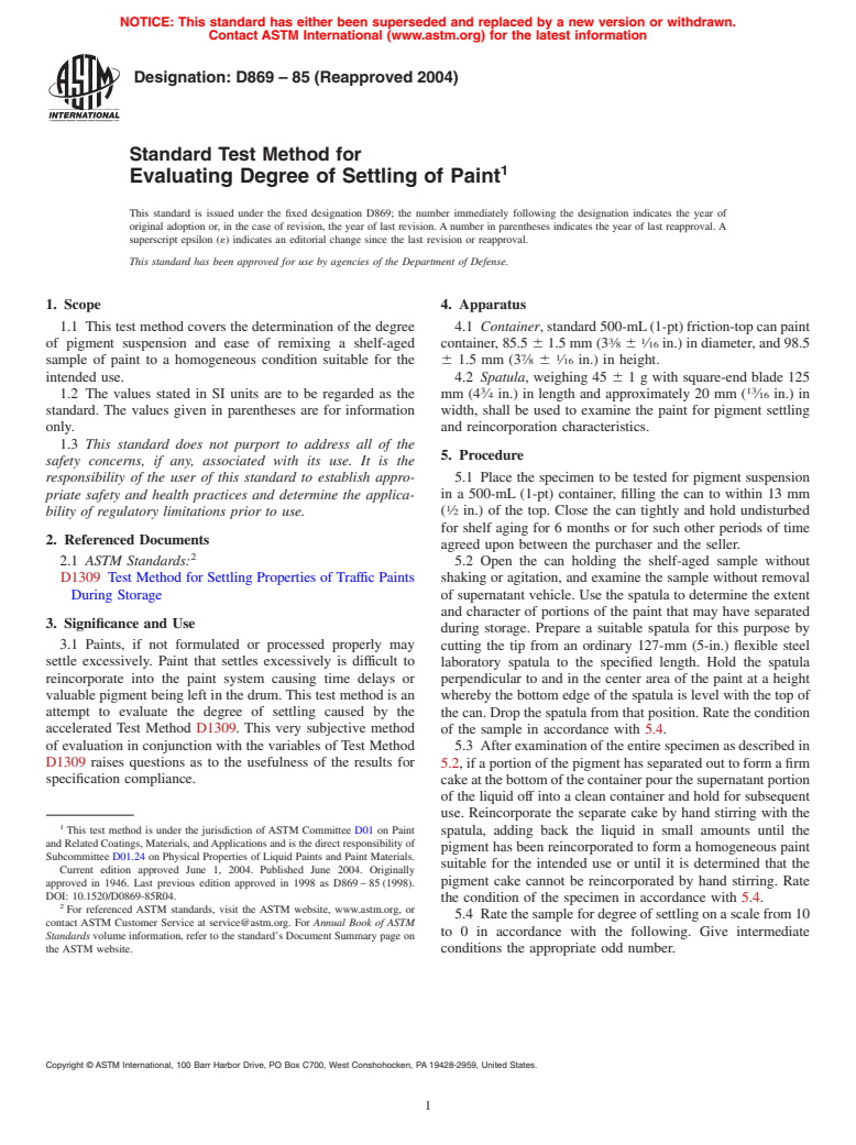 ASTM D869-85(2004) - Standard Test Method for Evaluating Degree of Settling of Paint