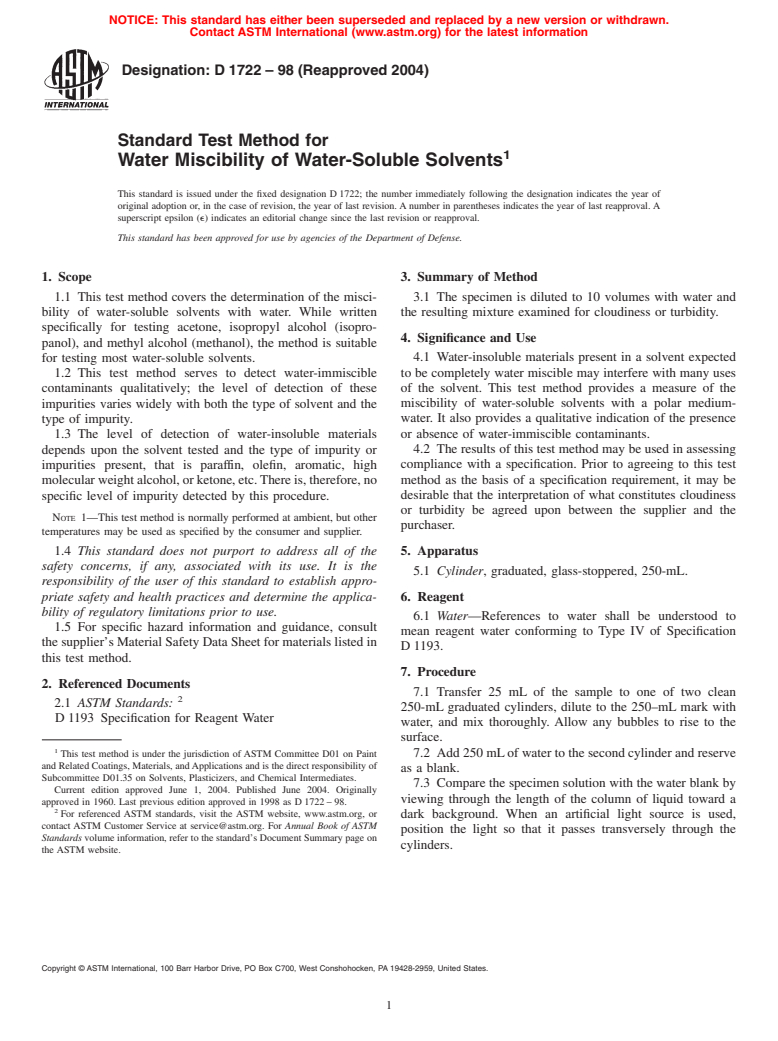 ASTM D1722-98(2004) - Standard Test Method for Water Miscibility of Water-Soluble Solvents