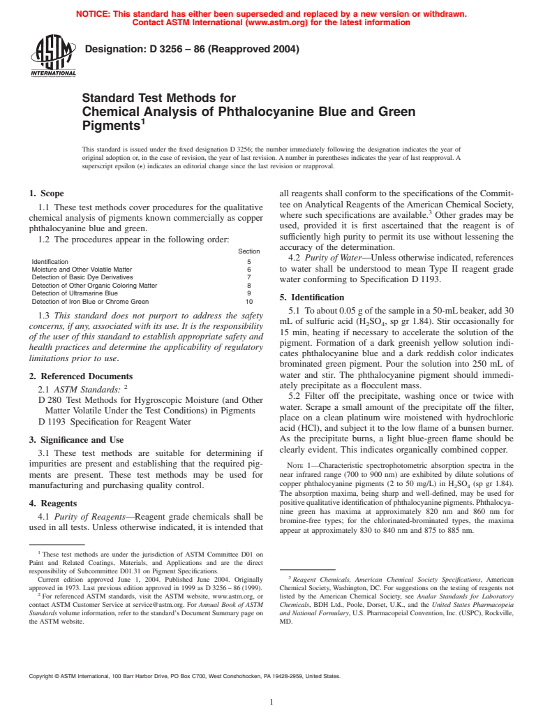 ASTM D3256-86(2004) - Standard Test Methods for Chemical Analysis of Phthalocyanine Blue and Green Pigments