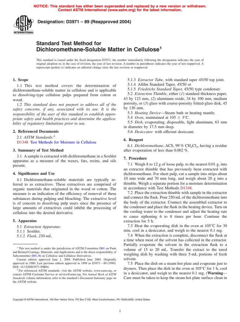ASTM D3971-89(2004) - Standard Test Method for Dichloromethane-Soluble Matter in Cellulose