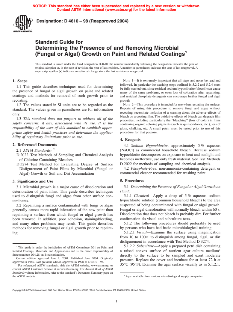 ASTM D4610-98(2004) - Standard Guide for Determining the Presence of and Removing Microbial (Fungal or Algal) Growth on Paint and Related Coatings