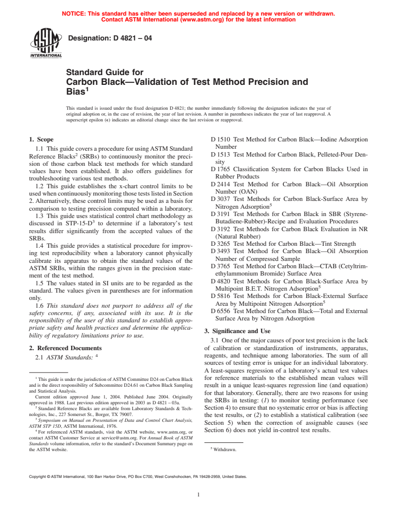 ASTM D4821-04 - Standard Guide for Carbon Black&#8212;Validation of Test Method Precision and Bias