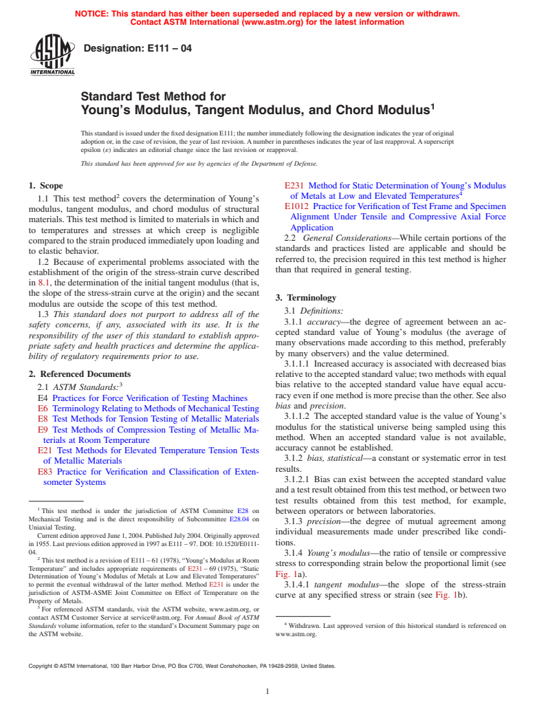 ASTM E111-04 - Standard Test Method for Young's Modulus, Tangent Modulus, and Chord Modulus