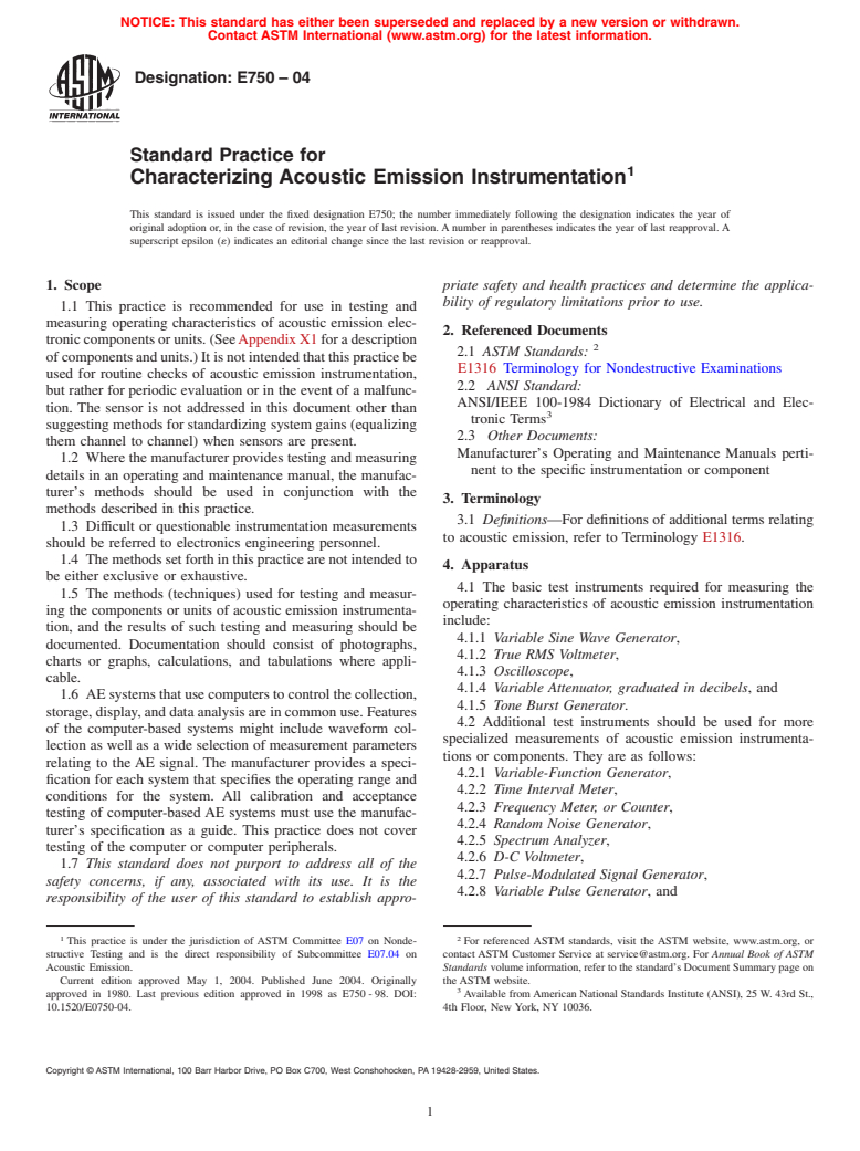 ASTM E750-04 - Standard Practice for Characterizing Acoustic Emission Instrumentation